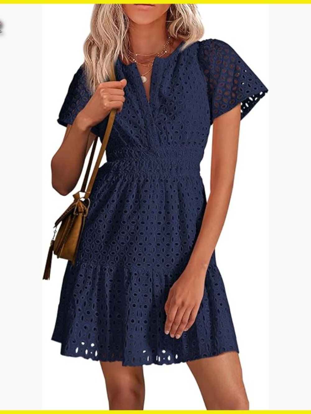 V-Neck A-Line Mini Dress Hollow Out Lace Casual Summer Beach Party Chic